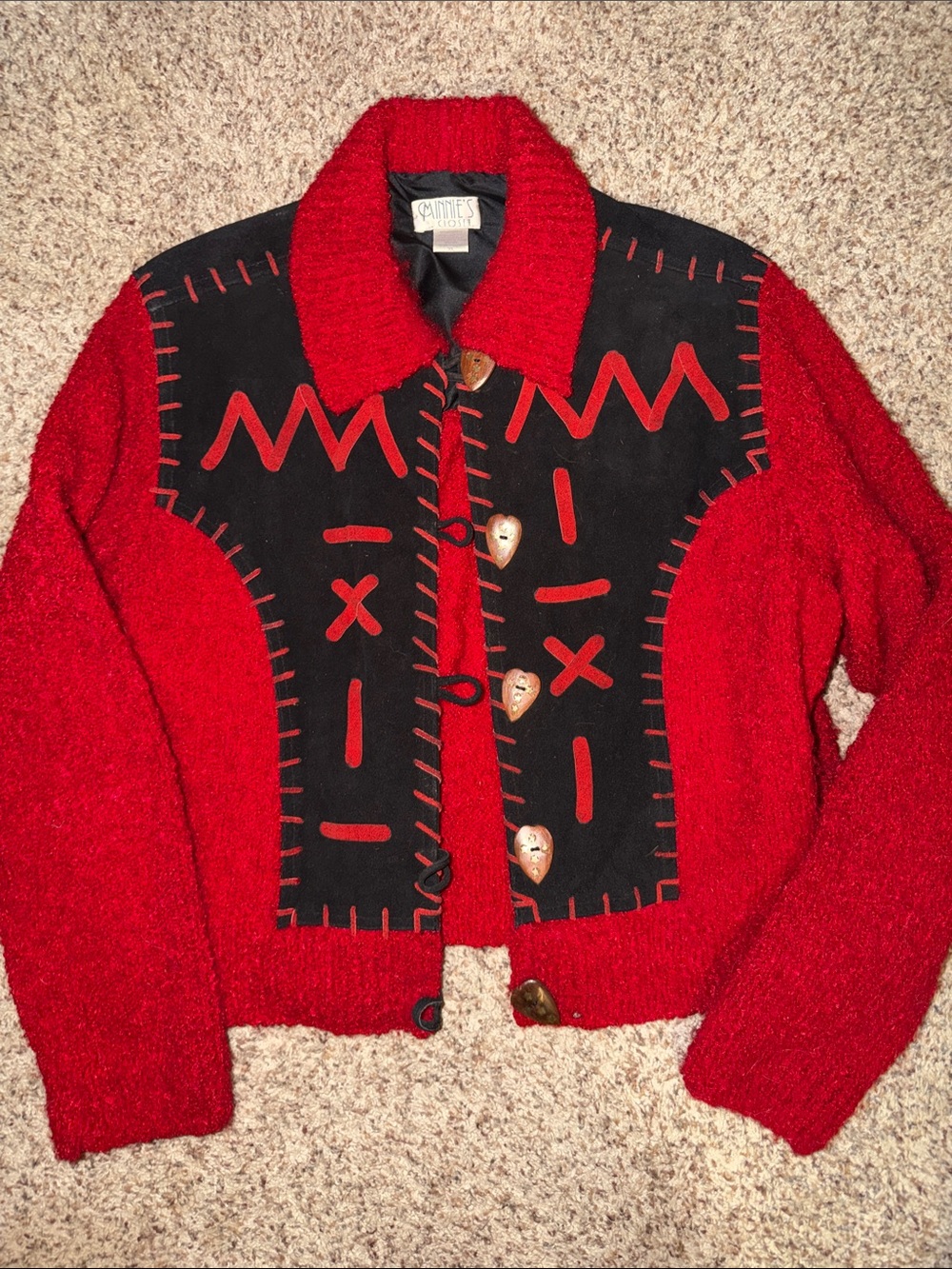 Minnie’s Closet xl Red & Black leather Wool Blend Button Jacket darker red